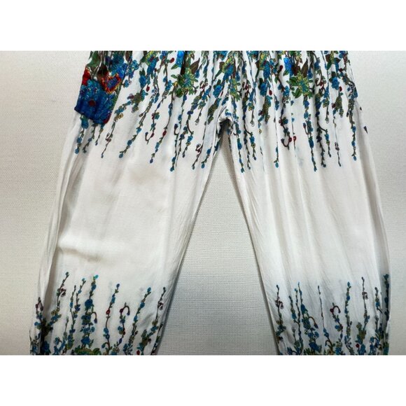 Elepants Women's Boho Harem Hippie Pants Cold Wash White Blue Floral Stretch - Picture 7 of 16